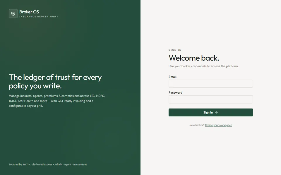 Broker OS sign-in page for insurance brokers.