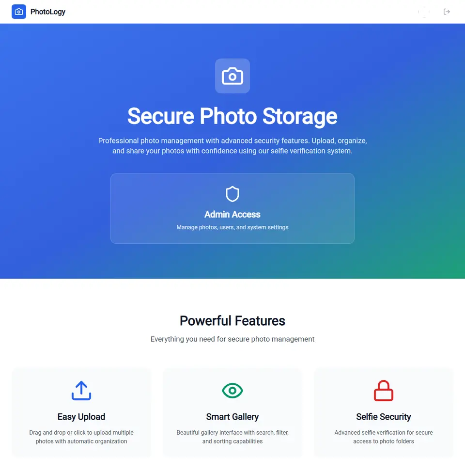 Photology, one of the live projects: secure photo storage with selfie verification.